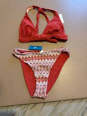 Cupshe Coral Red Patterned Bikini Bottom with Cream Accents